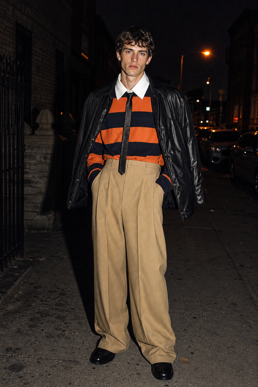 Look 03, menswear: 10 cm rugby stripe, giant pleated chino, nylon barn jacket worn as a cape